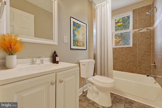 full bathroom featuring vanity, shower / bath combo, and toilet