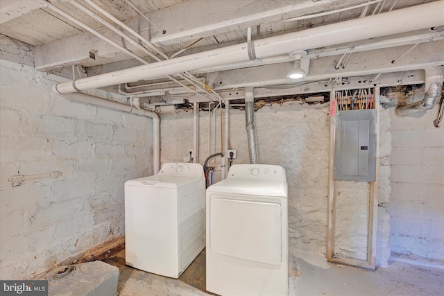 basement featuring washer and clothes dryer and electric panel