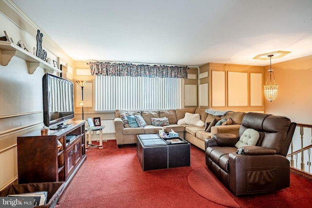 living room with dark carpet and ornamental molding