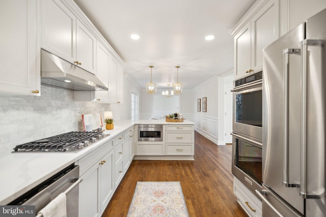 kitchen with white cabinetry, stainless steel appliances, decorative light fixtures, and dark hardwood / wood-style flooring