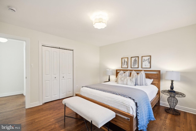 bedroom with dark wood-type flooring and a closet