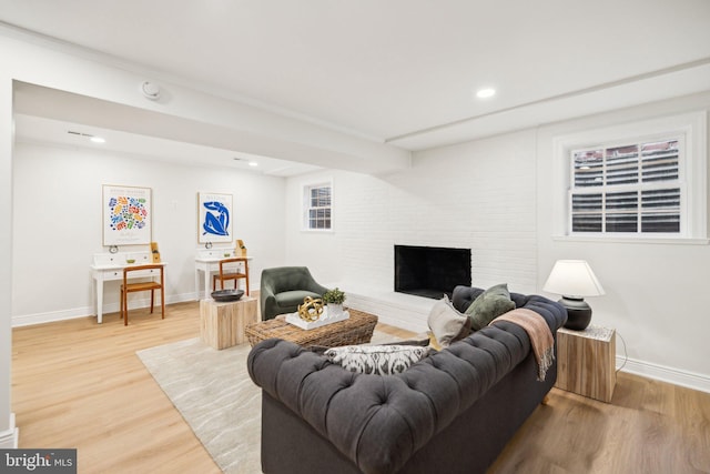 living room with hardwood / wood-style flooring and a fireplace