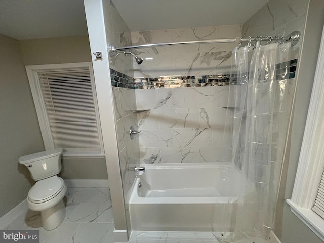 bathroom featuring toilet and shower / bathtub combination with curtain