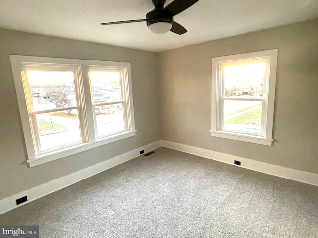 carpeted spare room with a wealth of natural light and ceiling fan