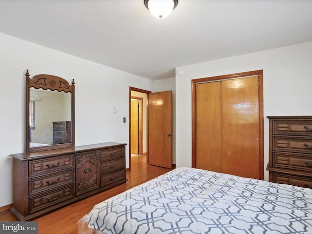 bedroom with hardwood / wood-style floors and a closet