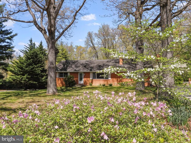 view of front of house featuring brick siding, a front yard, and a chimney