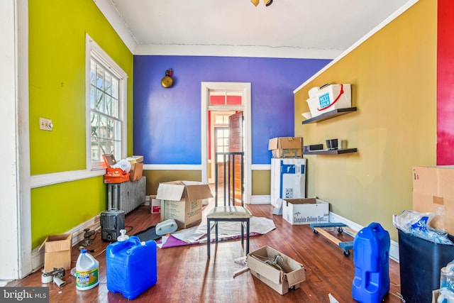 sitting room with wood-type flooring and radiator heating unit