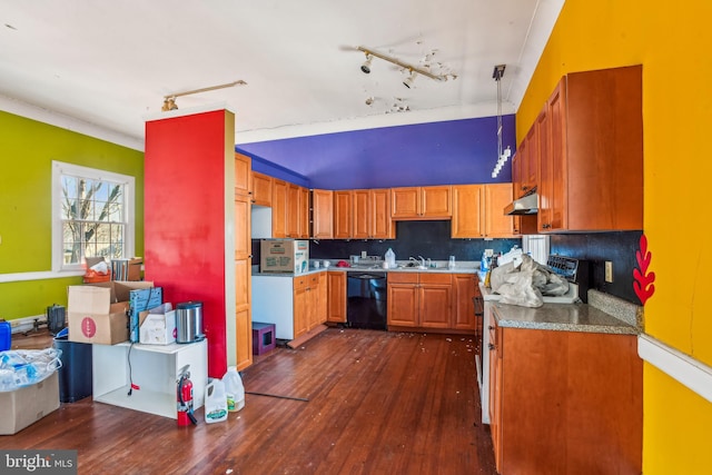 kitchen featuring range with electric cooktop, dishwasher, sink, hanging light fixtures, and dark wood-type flooring