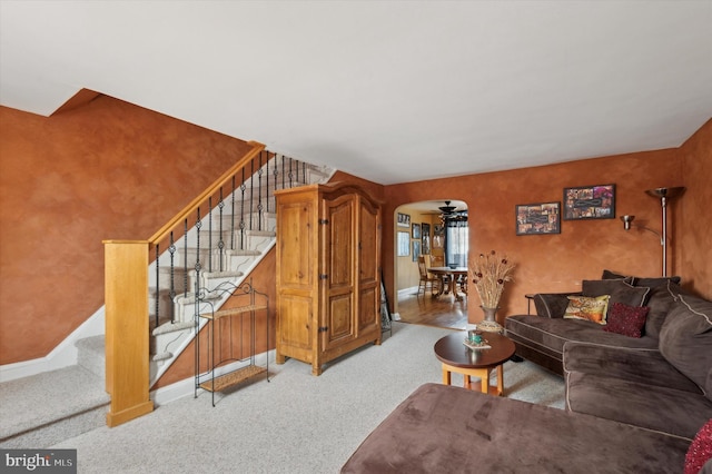 living room with light colored carpet