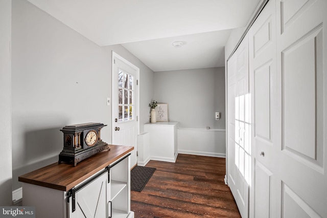 interior space with a wood stove and dark hardwood / wood-style flooring