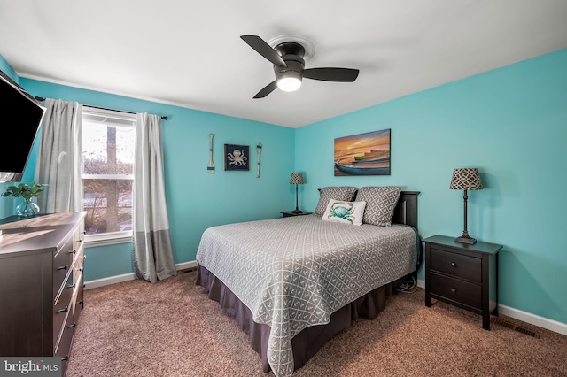 bedroom with ceiling fan and carpet floors