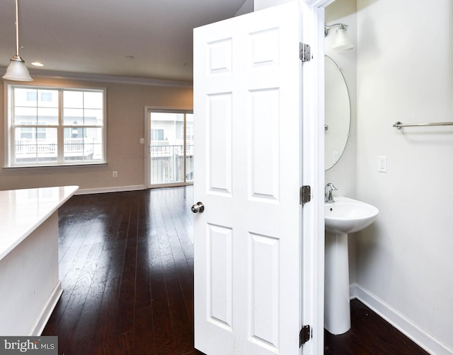 bathroom with crown molding, wood-type flooring, and sink