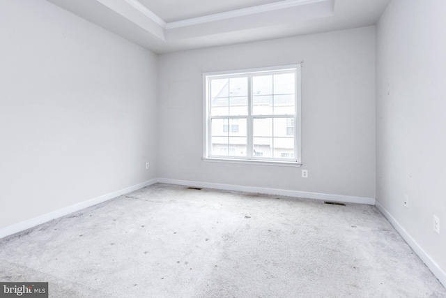 carpeted spare room featuring a tray ceiling and ornamental molding