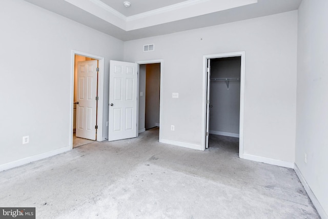 unfurnished bedroom featuring a tray ceiling, a spacious closet, and a closet