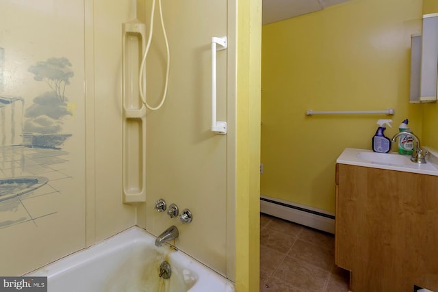 bathroom with tile patterned flooring, vanity, shower / bath combination, and baseboard heating