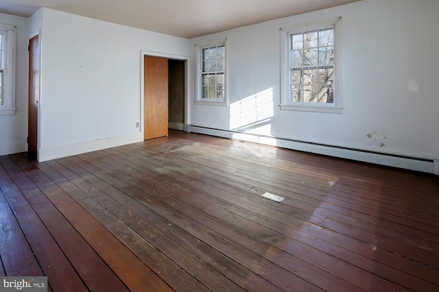 empty room with dark wood-type flooring and baseboard heating