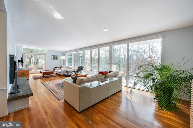 living room with french doors and hardwood / wood-style floors