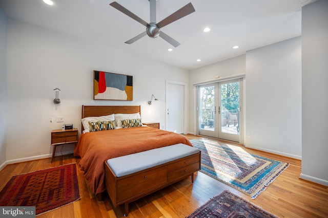 bedroom with access to outside, french doors, ceiling fan, and light wood-type flooring