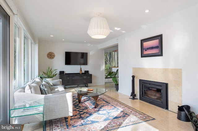 living room featuring light tile patterned floors