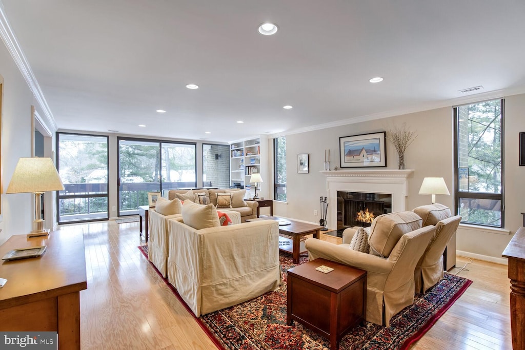 living room featuring ornamental molding, a healthy amount of sunlight, and light wood-type flooring