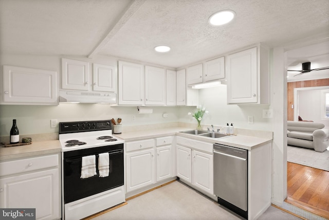 kitchen featuring sink, dishwasher, white cabinetry, range with electric stovetop, and a textured ceiling