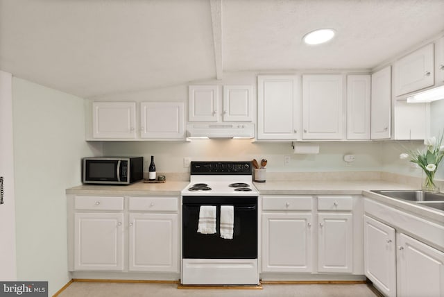 kitchen featuring lofted ceiling with beams, electric range oven, sink, and white cabinets