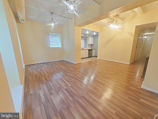 unfurnished living room featuring beam ceiling and light hardwood / wood-style floors