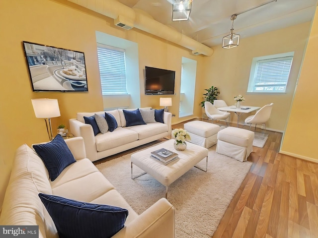 living room with a healthy amount of sunlight and light hardwood / wood-style floors