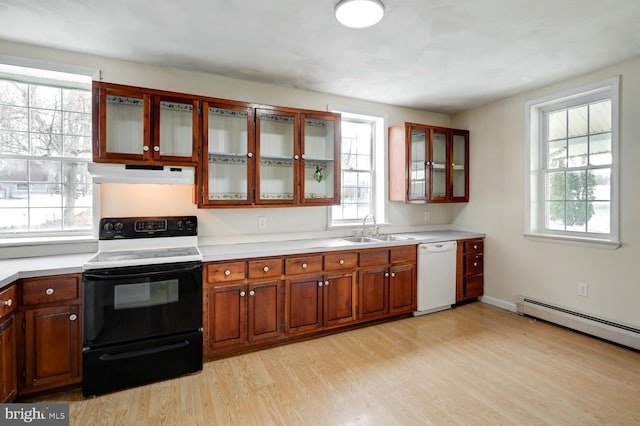 kitchen with sink, light hardwood / wood-style flooring, dishwasher, range with electric stovetop, and a healthy amount of sunlight