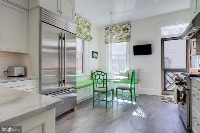 kitchen featuring under cabinet range hood, premium appliances, plenty of natural light, and backsplash