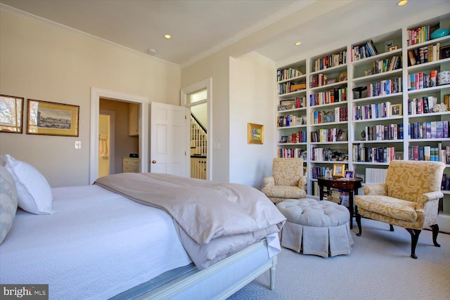 bedroom with recessed lighting, carpet, and ornamental molding