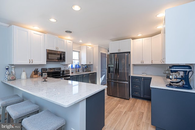 kitchen featuring white cabinetry, appliances with stainless steel finishes, and kitchen peninsula