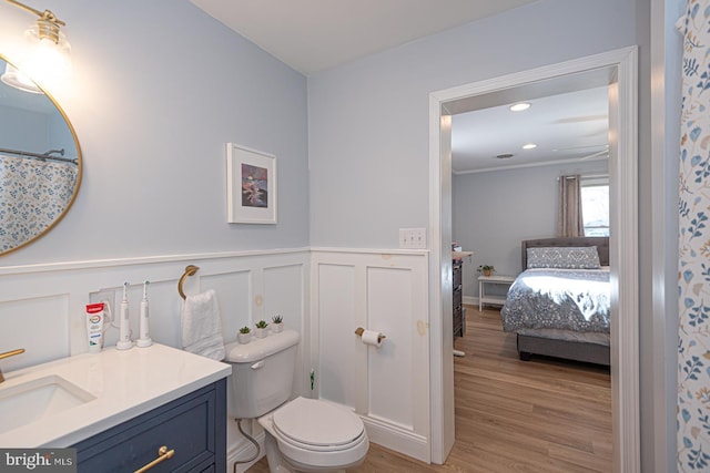 bathroom featuring vanity, a shower with curtain, wood-type flooring, and toilet