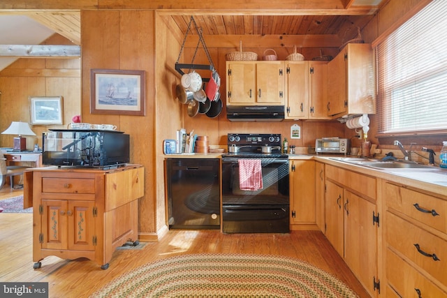 kitchen featuring black electric range oven, sink, light hardwood / wood-style flooring, wooden walls, and fridge