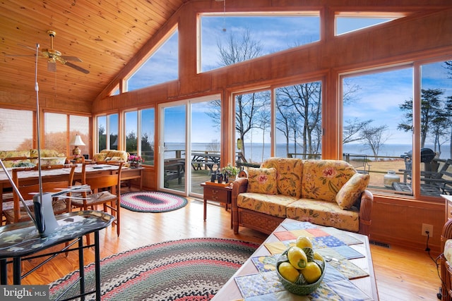 sunroom / solarium with a water view, lofted ceiling, wood ceiling, and ceiling fan