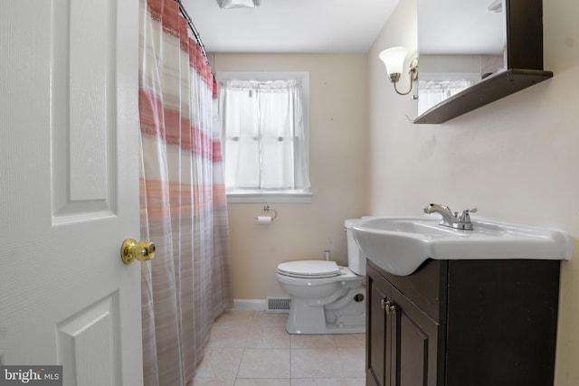 bathroom with vanity, tile patterned flooring, and toilet