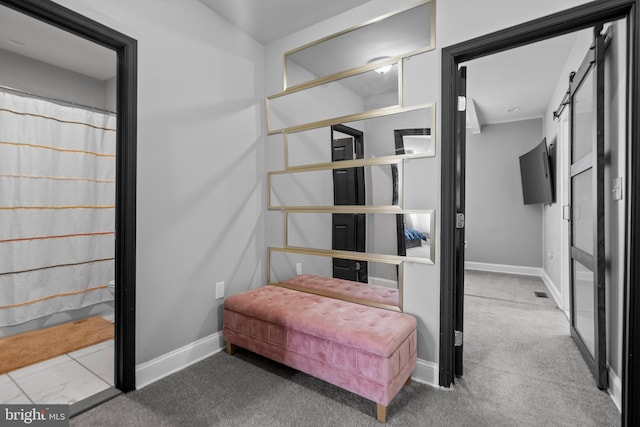 stairway featuring a barn door and carpet floors