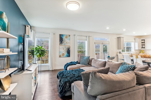 living room with vaulted ceiling, dark hardwood / wood-style floors, and a wealth of natural light