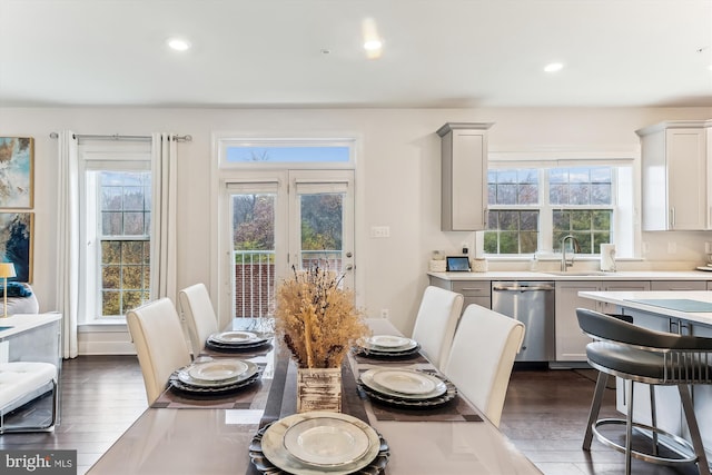 dining room featuring dark wood-type flooring, sink, and french doors