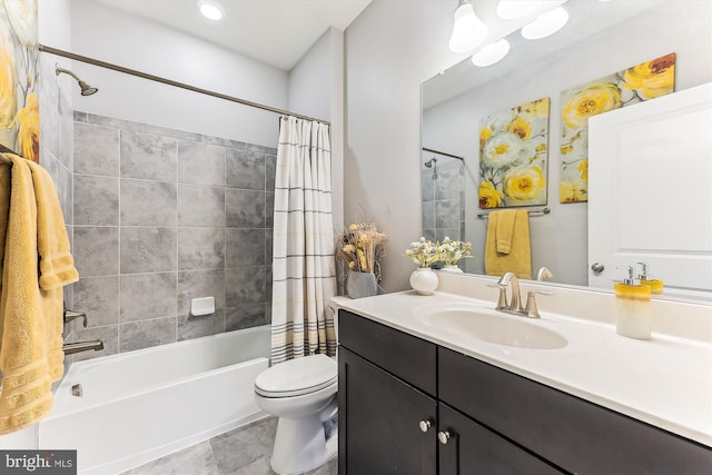 full bathroom with vanity, toilet, and shower / bathtub combination with curtain