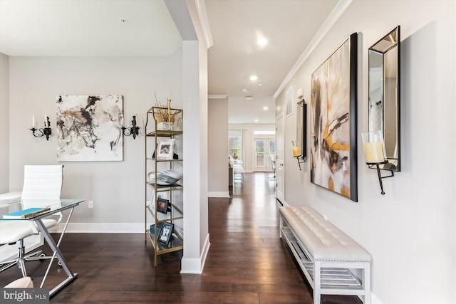 hall featuring dark hardwood / wood-style flooring and ornamental molding