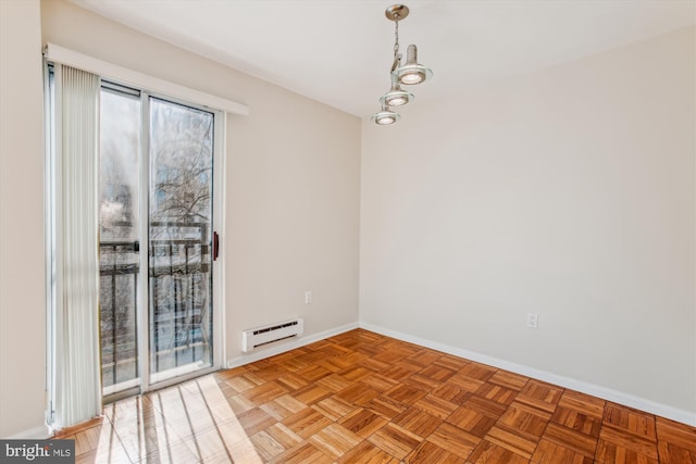 unfurnished dining area with baseboard heating and light parquet floors