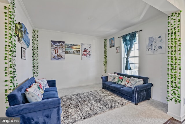 carpeted living room with crown molding