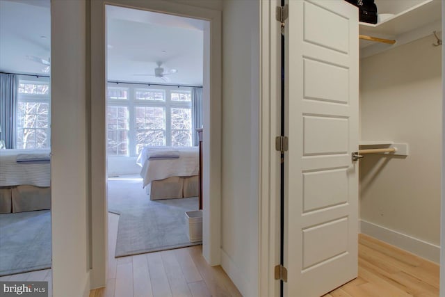 interior space featuring baseboards, a barn door, a wealth of natural light, and light wood-style floors