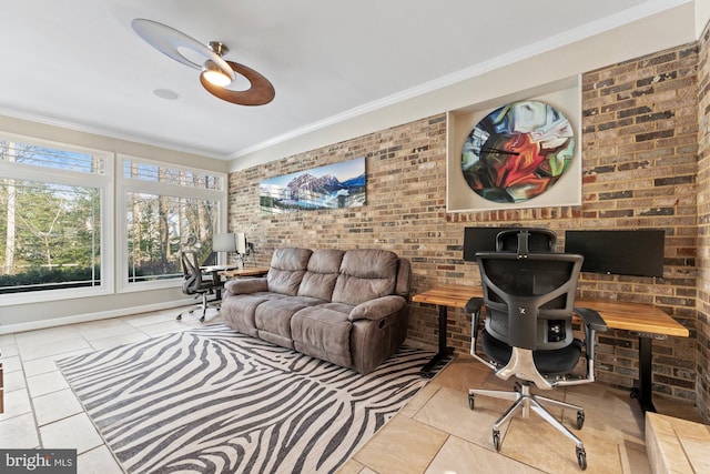 office featuring brick wall, ornamental molding, and light tile patterned floors