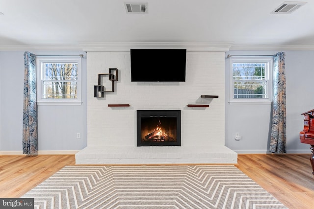 living room featuring crown molding, a fireplace, and hardwood / wood-style flooring