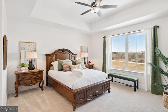 bedroom with a raised ceiling, ceiling fan, and multiple windows