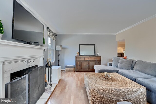 living room featuring crown molding, a fireplace, and light hardwood / wood-style flooring