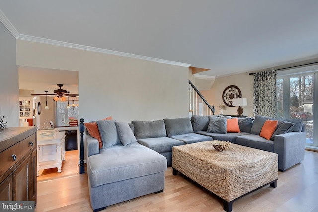 living room featuring crown molding and light hardwood / wood-style flooring