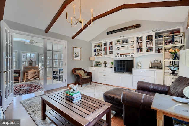 living room featuring vaulted ceiling with beams, ceiling fan with notable chandelier, and french doors